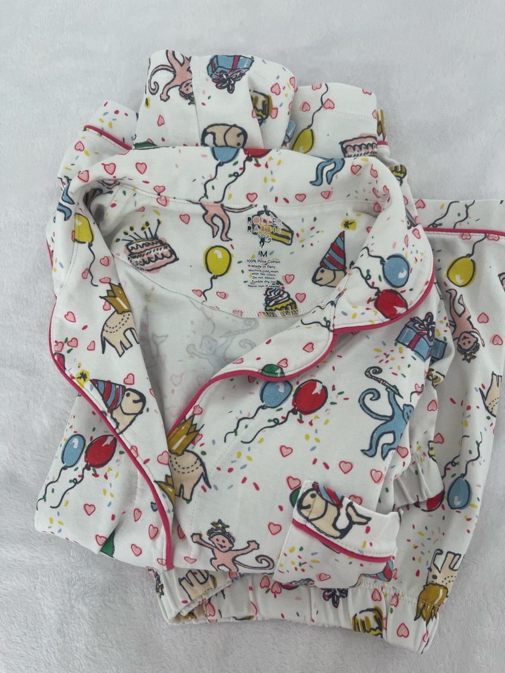 Roller Rabbit White Party-Print Bibs with Pink Trim